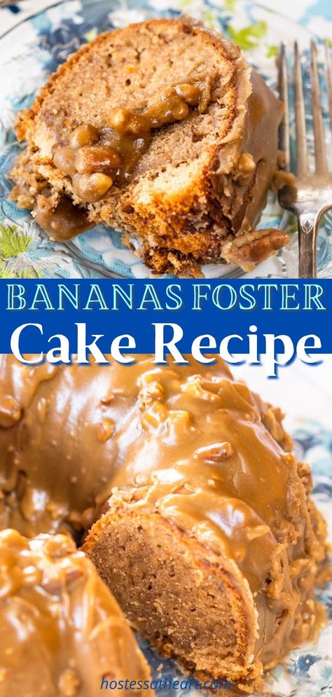 Banana Foster Cake Recipe, Praline Glaze, Bananas Foster Cake, Banana Foster Recipe, Banana Bundt Cake, Bundt Recipes, Cake Banana, Pecan Praline, Pecan Pralines