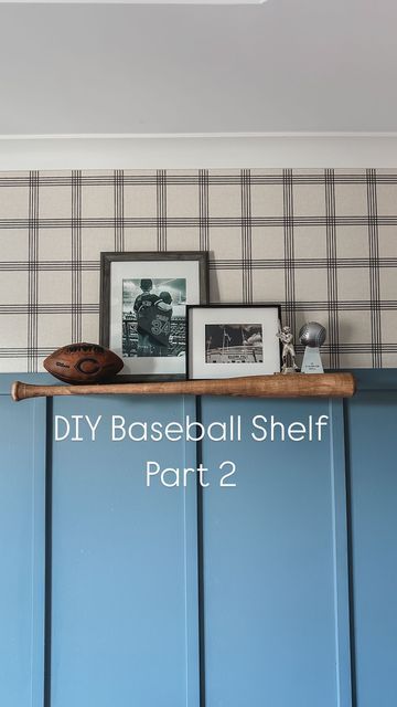 Natalie | Motherhood & Home on Instagram: "Not only did my husband do a great job building the shelf, but he made sure to get most of the process on camera too so I could share! May just need to get him his own account soon 😂  These are materials we used:  • 34’’ unfinished wood baseball bat  • 1 x 12 x 48 piece of wood (trimmed down to desired length) • Wood Stain • 2 shelf brackets   First my husband trimmed the board down to the length of the bat and then stained both the baseball bat and the board. Next, he used his jigsaw to cut the wood down to the curve of the bat (so it would sit flush). After that he placed the bat on the board and marked where he wanted the pocket holes to go and then drilled those into place. Last, he screwed on the brackets and mounted on the wall.   Be sure t Baseball Bat Shelf, Baseball Shelf, Baseball Bat Display, Bat Display, Baseball Bedroom, Pocket Holes, Baseball Helmet, Diy Wall Shelves, Big Boy Room