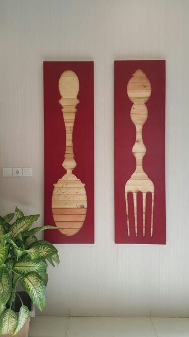 Spoon and Fork, lasercutting art piece for wall decor. Designed by ApiqueCS and laser cut by Snap It Whale Lamp, Wc Sign, Wooden Words, Red Home Decor, Coffee Stencils, Bar Design Restaurant, Small Canvas Art, Country Crafts, Small Wood Projects