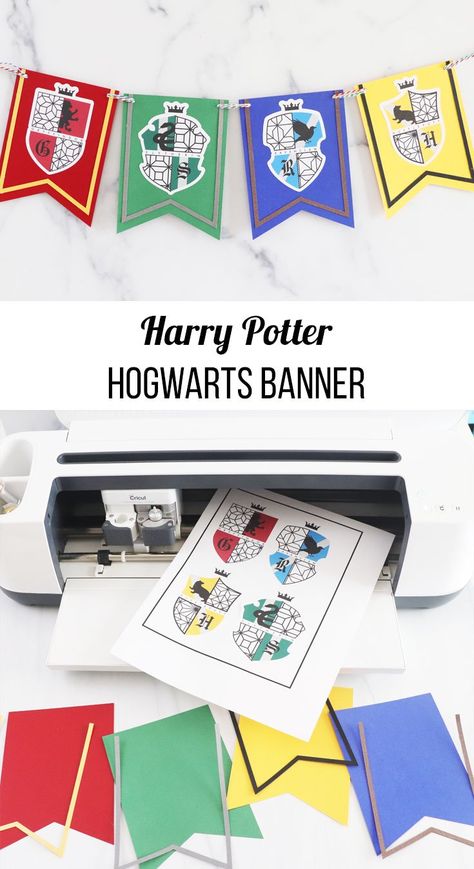 Harry Potter Hogwarts Banner. Learn how to make a festive Hogwarts banner using your Cricut machine, sticker paper, and cardstock. Harry Potter House Flags Diy, Hogwarts Banner Printable, Harry Potter Cricut Projects Birthday, Harry Potter Flags Hogwarts Houses, Diy Harry Potter Banners, Cricut Harry Potter Projects, Harry Potter Flags, Harry Potter Paper Crafts, Harry Potter Birthday Banner