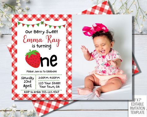 Editable 1st Berry First Strawberry Birthday Invitation, Photo Berry Sweet, Strawberry Invite, Instant Download by DigitalDelightsCoUS on Etsy Gymnastics Theme Party, Gymnastics Birthday Invitations, Watermelon Invitations, Berry First Birthday Invitation, Gymnast Birthday Party, Bunny Birthday Party, Gymnastics Birthday, Berry First Birthday, Invitation Photo