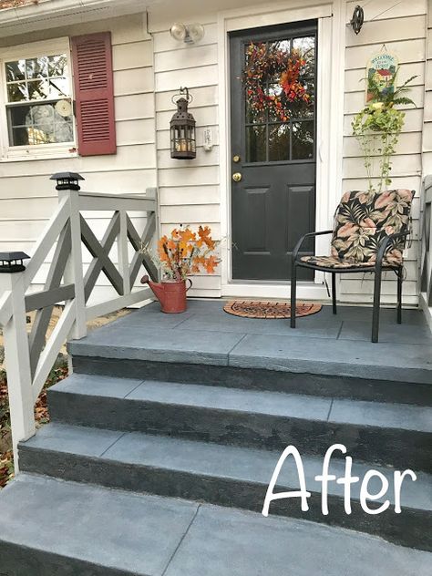 StyleWise: Budget Friendly Concrete Patio and Stairs Makeover Cement Front Steps Makeover, Diy Concrete Steps, Steps Makeover, Concrete Front Steps, Cement Steps, Paint Concrete Patio, Patio Stairs, Front Porch Steps, Concrete Patio Makeover