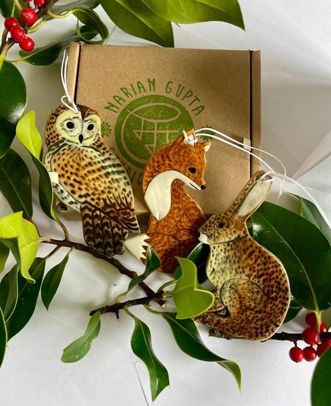 Woodland Animal Decor, Christmas Styles, One Woman Show, Fox Ornaments, Tawny Owl, Fox Squirrel, Woodland Decor, Cute Christmas Gifts, Ceramic Animals