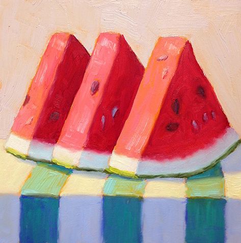 Pat Doherty | OIL | Watermelon Watermelon Oil Painting, Watermelon Oil Pastel, Food Oil Pastel Drawing, Watermelon Painting Acrylics, Striped Table Cloth, Watermelon Painting, Watermelon Art, Oil Pastel Art, Food Painting