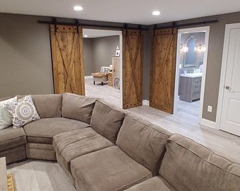 Basement Decoration, Dream Basement, Custom Barn Doors, Interior Sliding Barn Doors, Basement Living Rooms, Barn Door Designs, Rustic Barn Door, Basement Makeover, Door Sliding