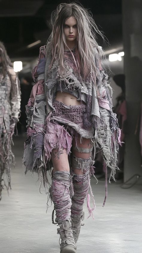 Image Tattered Outfit, Serious Expression, Layered Outfit, Long Gray Hair, Pastel Fashion, Grey Outfit, Layering Outfits, Pastel Hues, Gray Hair