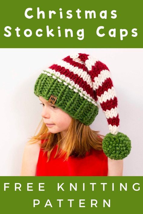 Christmas Santa Hat Free Knitting Pattern Stocking Cap Baby Children Women Men Chunky Knitted Pompom. Yarn: Lion Brand Wool Ease Thick and Quick. Sizes for the whole family. Easy free pattern at www.foxandpinestitches.com or purchase the ad-free printable PDF file at www.foxandpinestitches.etsy.com Knitted Christmas Tree Hat Free Pattern, Knitted Elf Hat Pattern Free, Knit Elf Hat, Halloween Knitting Patterns, Hat Free Knitting Pattern, Winter Knitting Patterns, Santa Hat Pattern, Christmas Knitting Patterns Free, Crochet Christmas Hats