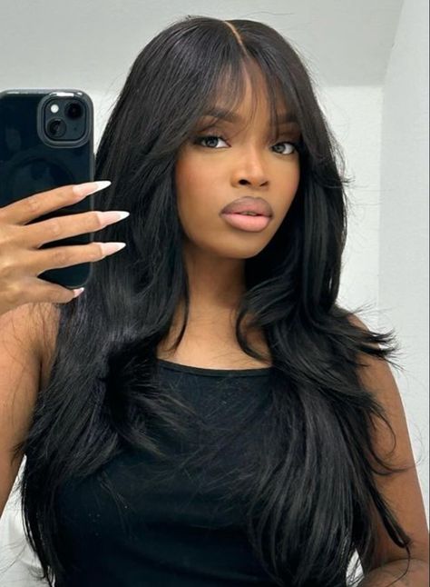 Fringe Wig Hairstyles, Layered Bangs Hairstyles Black Women, Layers With Bangs Black Women, Fringe Black Women, Fringe Wigs For Black Women, Wispy Straight Bangs, Bang Black Women, Bangs And Curls, All Black Affair Outfits