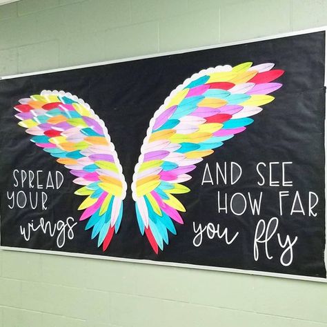 TeachersFollowTeachers on Instagram: “@millennialmathteacher’s #bulletinboard is to die for!!! ike, guess what this is gonna be!!!⁣ ⁣ HUGE shout-out to Racheal @rise.over.run…” Feather Template, Summer Bulletin Boards, School Doors, School Displays, Classroom Bulletin Boards, Board Decoration, School Bulletin Boards, Class Decoration, Classroom Displays