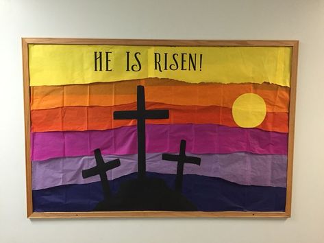 Bulletin Board for Easter; He is Risen Christian Easter Bulletin Board Ideas, Easter Church Bulletin Boards, Christian School Bulletin Boards, Catholic Bulletin Boards, Easter Bulletin Board, Religious Bulletin Boards, Bible Bulletin Boards, Easter Bulletin Boards, Christian Bulletin Boards