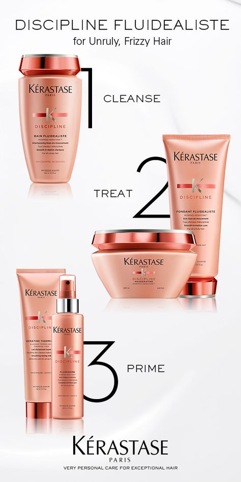 The Kerastase Discipline Regimen includes a smooth-in-motion shampoo to prevent frizzy hair, a conditioner that makes hair extremely soft to the touch, and a thermal anti-frizz protection spray that provides shine and control. Define Curly Hair, Hair Growth Progress, Hair Care Frizzy, Kerastase Discipline, Kerastase Hair, Protection Spray, Unruly Hair, Hair Frizz, Hair Care Products Professional