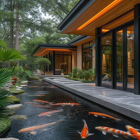 Modern Koi Pond, Koi Pond Backyard, Architecture Renders, Japanese Garden Backyard, Tropical Backyard Landscaping, Kolam Koi, Forest Lodge, Riverside House, Farm Plans