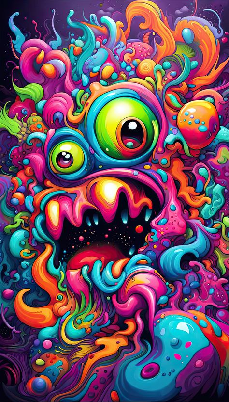 [GT] Psychedelic monster party graffiti art | psychedelic monster party graffiti art, splash art, street art, spray paint, oil gouache melting, acrylic, high contrast, colorful polychromatic, ultra detailed, ultra quality, CGSociety abstract vector fractal, wave function, Zentangle, 3d shading | #psychedelic #trippy #graffiti #aiart Punk Art Illustration, Trippy Graffiti, 3d Shading, Spray Paint Graffiti, Halloween Live Wallpaper, Jesus Art Drawing, Art Splash, Hippy Art, Wave Function