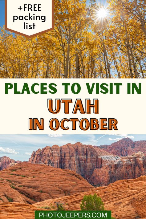 If you’re planning a fall vacation, here’s a list of places to visit in Utah in October. This time of year is perfect to visit Utah’s stunning landscapes and enjoy outdoor activities. You’ll find a variety of Utah vacation destinations to go during the month of October like National Parks, State Parks, National Monuments, and some fall-themed tourist attractions! Utah In October, Park City Utah In October, What To Do In Utah, Utah Packing List, Places To Visit In Utah, Arches Park, Utah Arches, Utah Camping, Orem Utah