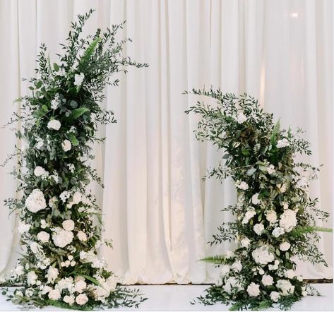 Half Arches Wedding, Wedding Ceremony Half Arch, Half Arch Wedding Backdrop, Wedding Arch In Front Of Window, Half Arch Flowers Wedding, Partial Arch Wedding, Partial Floral Arch Wedding, Green And White Arch Wedding, Floral Half Arch Wedding