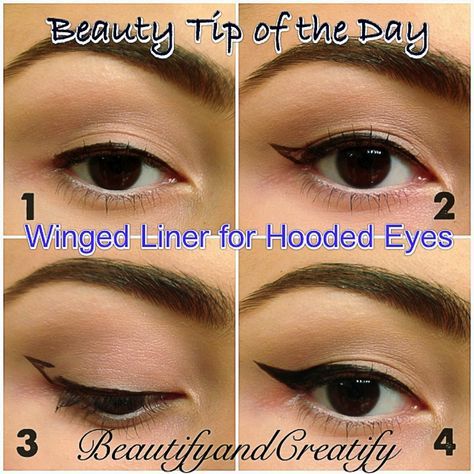 Winged Liner for hooded eyes. 1. Line your lashline. 2. Open your eyes and look straight. Draw a wing on the overlapping hooded lid by looking straight ahead. 3. Now look down, connect the gap of the wing under the hooded lid and fill the wing in. 4. Smooth the lines and you are done! Winged Liner For Hooded Eyes, Liner For Hooded Eyes, Makeup For Hooded Eyelids, Easy Cat Eye, Easy Winged Eyeliner, Eyeshadow For Green Eyes, Eyeliner Shapes, Hooded Eyelids, Eyeliner For Hooded Eyes