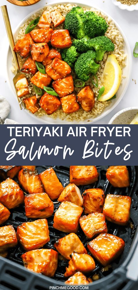 Salmon Bites Bowl Airfryer, Air Fryer Teriyaki Steak Bites, Salmon Bites Teriyaki, Air Fryer Terriaki Salmon, Air Fryer Salmon Crispy, Salmon Air Fryer Bowl, Easy Salmon Meal Prep, Air Fry Salmon Bites Recipes, Airfryer Salmon Bites Recipes