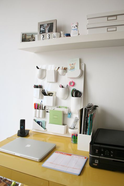 vertical desk organizer! (And if you can't install shelves, a tall organizer like the one above that uses vertical space is renter-friendly.) How To Organize Desk At Home, How To Organise Stationary, Desk Without Drawers Organization, How To Organise Study Table, Organise Stationary, Diy L Shaped Desk, Tiny Desk, Tiny Desks, Desk Diy