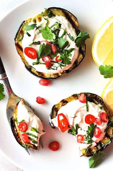 Grilled Eggplant discs topped with yoghurt sauce, pomegranate and coriander Yoghurt Sauce, Grilled Vegetable Recipes, Easy Grilling Recipes, Eggplant Dishes, Easy Grilling, Recipetin Eats, Grilled Eggplant, Summer Grilling Recipes, Eggplant Recipes