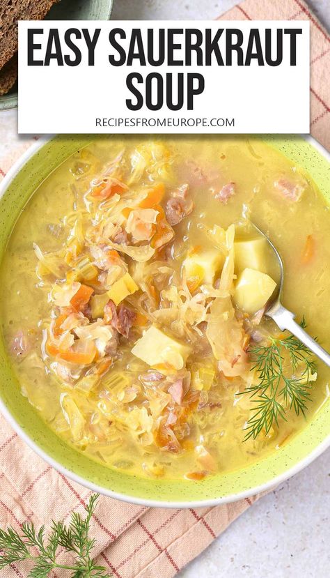 This delicious soup - loaded with sauerkraut, vegetables, and a few tasty meats - is so easy to make, filling, and perfect for colder days! Easy Sauerkraut, Crock Pot Sloppy Joes, Sauerkraut Soup, Pork Broth, Sauerkraut Recipes, Tasty Meat, Cooked Cabbage, Fall Comfort Food, Soup Dinner