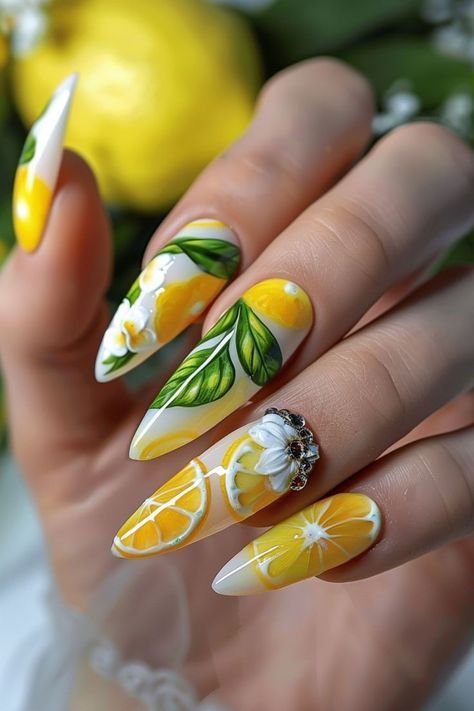 Lemon Nails Designs Summer, Amalfi Nails, Summer Nail 2024 Trends, Summer Nail Art 2024, Artistic Nails Design, Fruit Nails Design, Lemon Nails Designs, Pink Lemonade Nails, Lemonade Nails