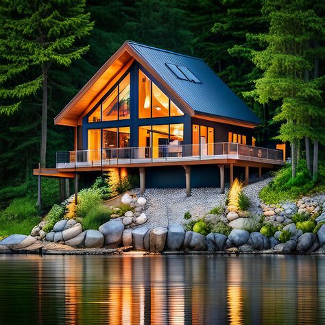 Mountain Lake Cabin, Small Lake Cottage, Prefab Cottage, Pit House, Barndominium Houses, Small Modern Cabin, Prefab Cottages, Cottage Design Plans, Marble Mountain