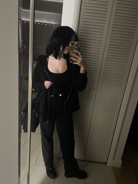 all black outfit, black hair, black cargo pants, docs, dr martins, outfit inspo, aesthetic, school outfit, art school, black sweater Grunge Rockstar Aesthetic, Outfit Inspo Aesthetic School, Aesthetic All Black Outfit, Outfit Inspo Aesthetic, Outfit Art, Rockstar Aesthetic, Aesthetic School, Black Cargo Pants, Outfit Black