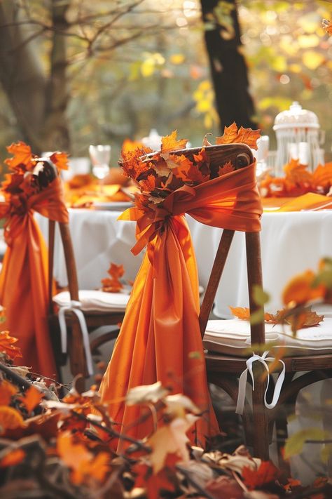 Discover how to bring autumn's embrace to your wedding with cozy chair covers and sashes. Let the essence of fall enhance your tables with leaves and harvest beauty 🍂✨. #AutumnWedding #WeddingDecor #FallLeaves #HarvestTheme #ChairSashes #WeddingIdeas #CozyDecor #SeasonalWedding Autumn Themed Wedding Decorations, Fall Chair Covers, Autumn Wedding Isles Decoration, Fall Wedding Chair Decor, Rustic Fall Wedding Aesthetic, Fall Leaves Wedding Decor, Wedding Chair Sashes Ideas, Fall Reception Ideas, End Of Aisle Wedding Decor