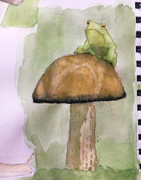 Frog Art Watercolor, Frog Drawing Watercolor, Watercolor Frog Tutorial, Watercolor Art Mushrooms, Watercolor Frog Easy, Hippie Watercolor Painting, Frog Watercolor Paintings, Frog Painting Ideas, Mushroom Watercolor Paintings