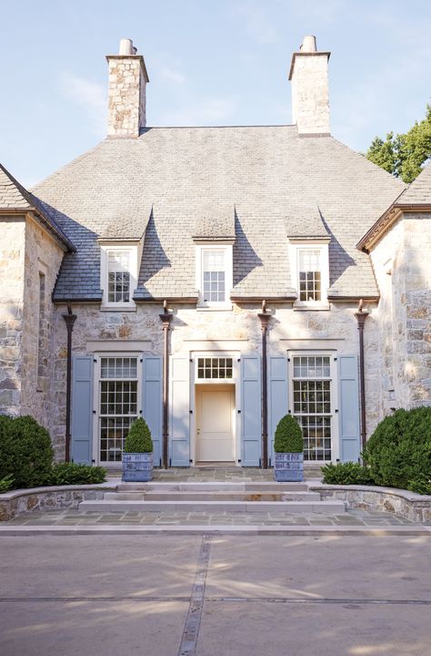 Frederic Magazine, French Blue Paint, Pursley Dixon, Dream Home Ideas, Stone Exterior Houses, Large Sectional Sofa, Suzanne Kasler, Blue Shutters, North Carolina Homes