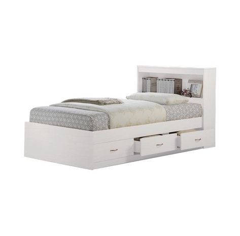 Harriet Bee Airdrie Twin Captain's Bed with 3 Drawers & Reviews | Wayfair Twin Captains Bed, Captain Bed, Bookshelf Headboard, Platform Bed With Drawers, Captains Bed, Bedroom Organization Storage, Bookcase Headboard, White Headboard, White Bed