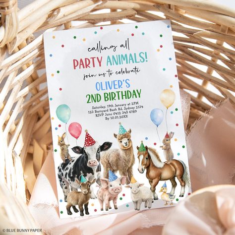 Farm Birthday Party Invitations, Girls Farm Birthday, Party Animals Birthday, Barnyard Bash, Farm Birthday Invitation, Animal Birthday Invitation, Animals Birthday, Farm Animal Birthday, Farm Birthday Party