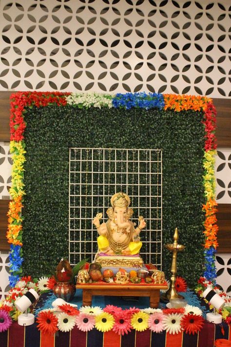 Back Drop For Ganesh Chaturthi, Ganpati Sthapana Decoration, गणपती डेकोरेशन At Home, Ganpati At Home, Ganapathi Decoration, Krishna Decoration, Bappa Decoration, Flower Decoration For Ganpati, Ganesha Murti