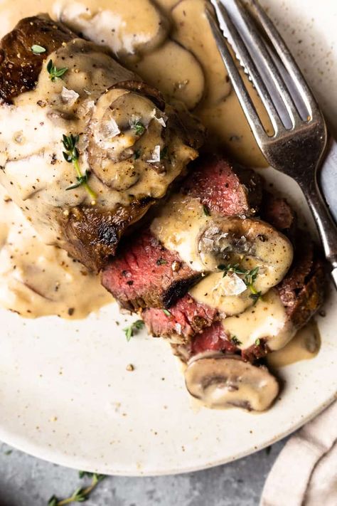 Venison Steak with Mushroom Cream Sauce - Modern Farmhouse Eats Venison Round Steak, Marinated Venison, Venison Meals, Venison Steak Recipes, Venison Backstrap Recipes, Cooking Venison Steaks, Wine Cream Sauce, Deer Steak, Venison Tenderloin