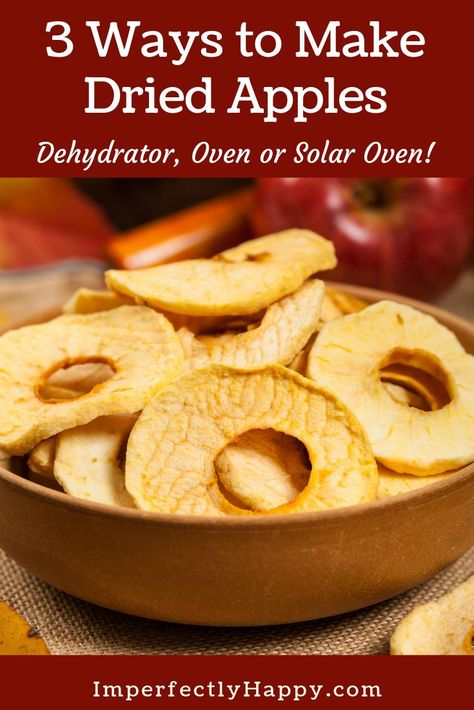 Three way to make dried apples at home: dehydrator, oven or solar oven. Easy recipes to use dried apples in too! Oven Easy Recipes, Food Dehydrator Recipes, Dehydrating Apples, Preserving Produce, Dehydrated Snacks, Dehydrator Ideas, Drying Fruit, Dehydrator Recipes Fruit, Sun Oven