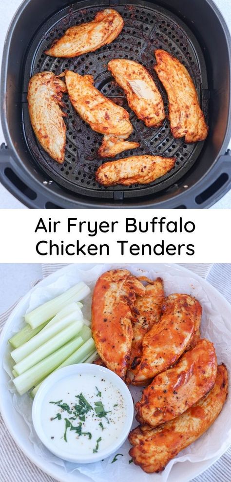 buffalo chicken tenders in the air fryer basket and served on a plate with pin title in the middle Buffalo Tenders Air Fryer, Grilled Buffalo Chicken Tenders, Buffalo Chicken In Air Fryer, Buffalo Chicken Tenderloins, Healthy Buffalo Chicken Tenders, Air Fryer Buffalo Chicken Breast, Buffalo Chicken Air Fryer Recipes, Buffalo Chicken Wings In Air Fryer, Airfryer Buffalo Chicken