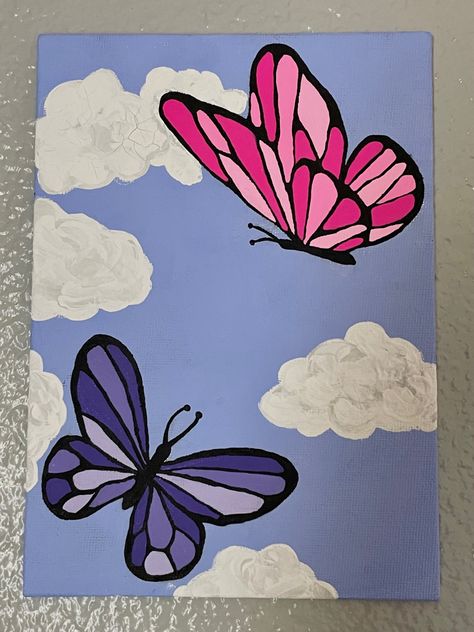 Cute Paintings On Canvas Butterfly, Cute Sketches Butterfly, Easy Painting Ideas Butterfly, Easy Canvas Painting Butterfly, Painting Ideas On Canvas Aesthetic Butterfly, Cute Butterfly Paintings Easy, Butterflies Canvas Painting, Self Growth Painting, Small Aesthetic Paintings Easy