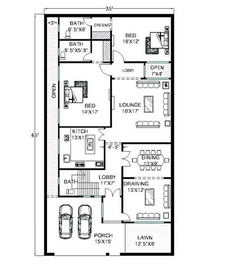 35 X 70 House Plans, 35 X 70 House Plans Layout, 10 Marla House Plan 35*65, 35×60 House Plan, 40x70 House Plans, 20×35 House Plan, 35x65 House Plans, 10 Marla House Plan, Floor Plan Sketch