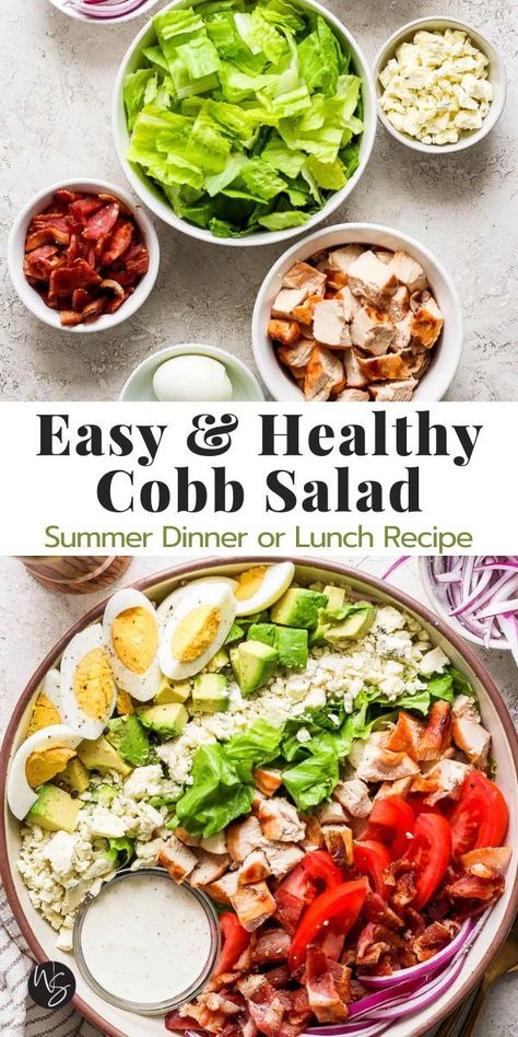 This Cobb Salad recipe uses simple and healthy ingredients to create the perfect side salad or main course. Enjoy crunchy romaine topped with hearty chicken, flavorful blue cheese crumbles, creamy avocado, hard-boiled eggs, and our homemade dressing. This recipe is gluten-free friendly. Cobb Salad Healthy, Lost Weight Salad, Healthy Cobb Salad Recipes, Salad And Go Copycat Recipes, Easy Cobb Salad Recipe, Cobb Salad Recipe Dressing, Salads With Chicken Recipes, Salad With Egg Hard Boiled, Chicken Salad Salad