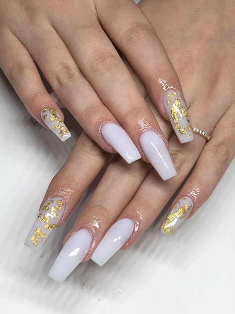 Gold Nails Prom, Gold Foil Nails, White Nails With Gold, Clear Acrylic Nails, Nails Prom, Bride Nails, French Tip Acrylic Nails, French Acrylic Nails, Colored Acrylic Nails