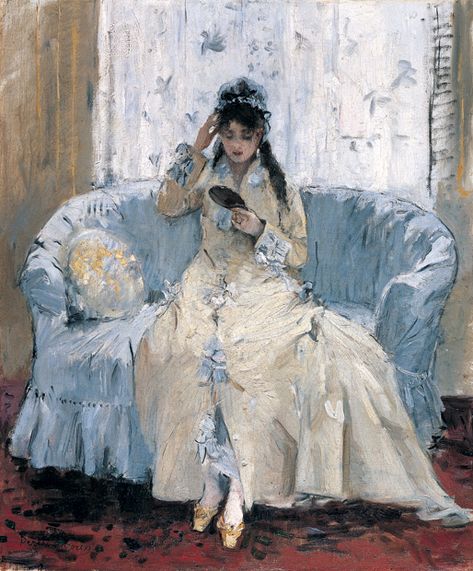 'Young woman at her looking glass', 1876, by Berthe Morisot Pink Portrait, Berthe Morisot, Clark Art, Edouard Manet, Academic Art, Spanish Painters, Camille Pissarro, Paul Cezanne, Edgar Degas