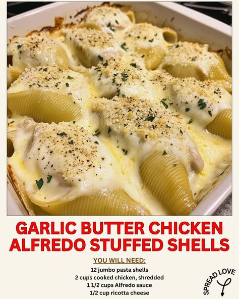 Crenn Recipes | Garlic Butter Chicken Alfredo Stuffed Shells 🧄🍗🍝 | Facebook Garlic Butter Chicken Alfredo Stuffed Shells, Crenn Recipes, Alfredo Stuffed Shells, Chicken Alfredo Stuffed Shells, Jumbo Pasta Shells, Garlic Butter Chicken, Pasta Dinners, Stuffed Pasta Shells, Chicken Alfredo