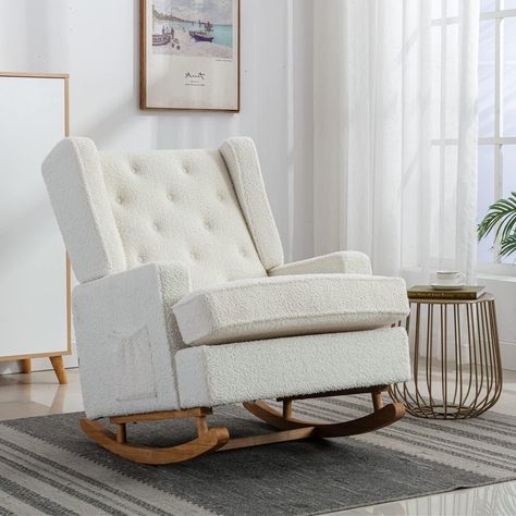 Rocking Chair Nursery,Upholstered Glider Chair for Nursery,Mid Century Modern Oversized Wingback Armchair for Living Room(White Mid Century Modern Nursery, Chair Nursery, Upholstered Rocking Chairs, Rocking Armchair, Rocking Chair Nursery, Wingback Armchair, Glider Rocker, Rocker Chairs, Nursery Chair