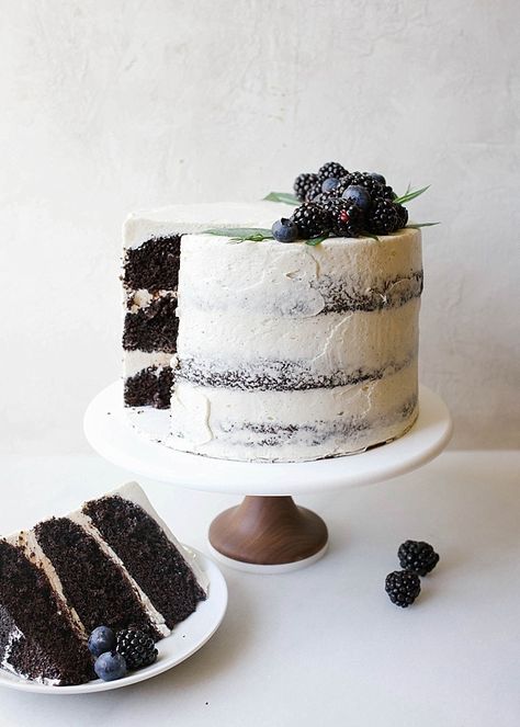 Black and white cake - Chocolate, vanilla, blueberry Cocoa Powder Cake, Caramel Photography, Cake Shoot, Black And White Cake, Black White Cakes, Butternut Bakery, Vanilla Bean Frosting, Powder Cake