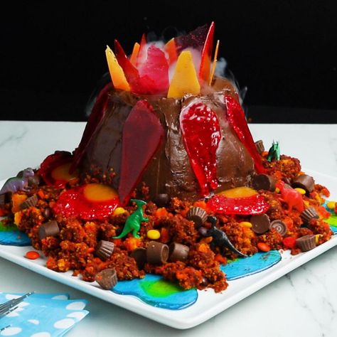 Volcano Cake With Dry Ice And Candy Edible Volcano, Volcano Cake, Caramel Bites, Butterscotch Candy, Store Bought Frosting, Peanut Butter Candy, Chocolate Peanut Butter Cups, Yellow Foods, Box Cake Mix