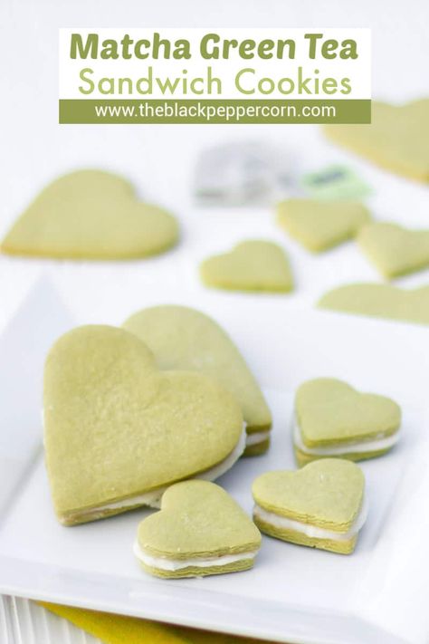 Christmas Syrup, Matcha Powder Recipes, Sugar Cookie Cutout Recipe, Shaped Sugar Cookies, Green Tea Cookies, Heart Shaped Sugar Cookies, Tea Sandwich, Lemon Buttercream Frosting, Cookie Sandwich Recipes