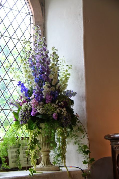 The Spectacularly Beautiful, Whimsical, Bohemian Wedding of Rebecca Wedding Church Flowers, Flowers Arrangements Wedding, Wedding Ceremony Church, Purple Flower Arrangements, Urn Arrangements, Church Wedding Flowers, Altar Arrangement, Large Floral Arrangements, Altar Flowers