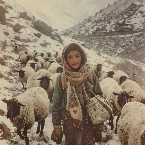 In the heart of a tranquil mountain landscape, dusted with snow, a young shepherd gazes into the distance. Her flock of woolly sheep clusters around her, a sign of her responsibilities and connection to the land. Despite the chill of the high altitude, there's a warmth in her expression, hinting at a story of resilience and daily life in harmony with nature. The mountains rise in the background, silent witnesses to the timeless ritual of pastoral care. Shepherd Aesthetic, Snowy Mountain Landscape, Flock Of Sheep, Mountain Images, In Harmony With Nature, Harmony With Nature, Snowy Mountain, High Altitude, Snowy Mountains