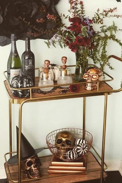 Booze Cart, Cart Decorating Ideas, Halloween Bar Cart, Cheers Witches, Creepy Home Decor, Decorating Halloween, Halloween Bar, Sweet Carts, Bar Cart Styling