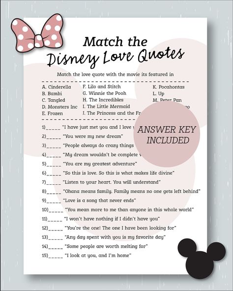 Match the Love Quotes Bridal Shower Game Mickey Themed - Etsy Disney Wedding Shower, Disney Themed Bridal Shower, Disney Love Quotes, Disney Bachelorette, Disney Bridal Showers, Bridal Shower Planning, Bridal Games, Bridal Shower Game, Floral Bridal Shower